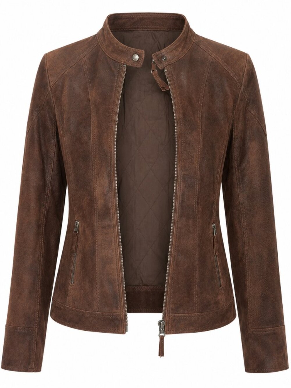 Women's‎ Leather Jacket Size 40 Quilted Lining Brown Biker Moto Western Boho